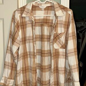 Time and Tru Brown and White Flannel Button Down Shirt